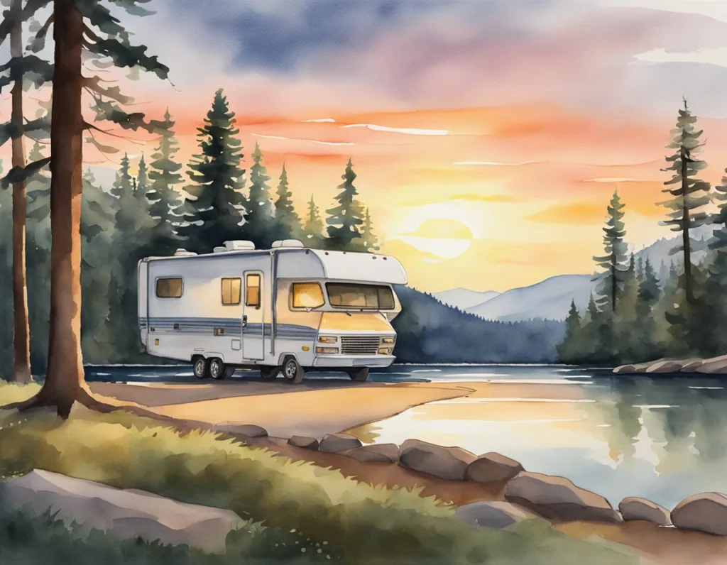 Watercolor of a motorhome by a lake