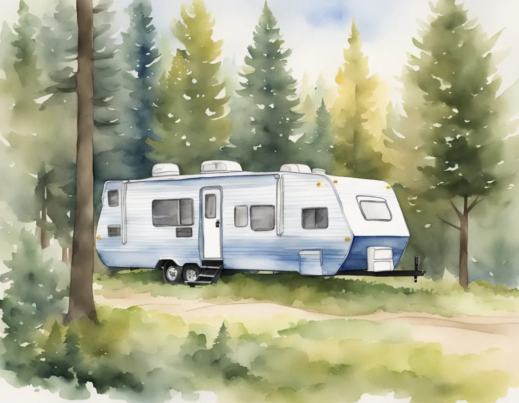 Watercolor of a travel trailer in the woods