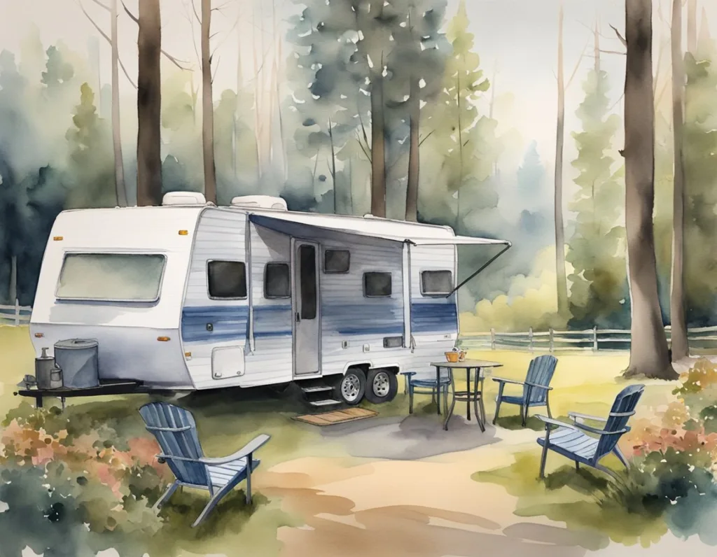 Watercolor of a travel trailer in the woods with it's awning extended and outdoor furniture